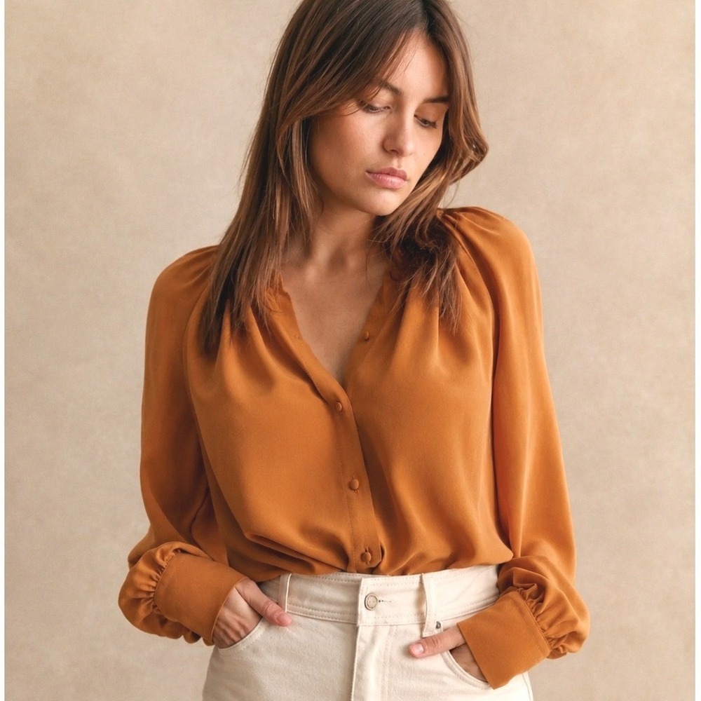 Sezane Mustard Yellow Lealys Silk Blouse Shirt Long Sleeve Size 38